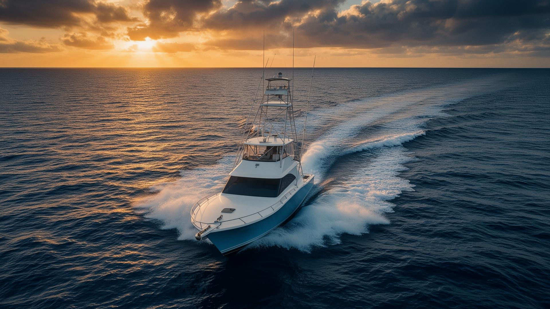 Sportfishing boat at sunset on the Gulf of Mexico
